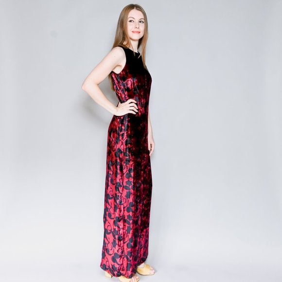 VERSUS VERSACE Vintage  90s Floral Velvet Maxi Dress Sz 42 - Picture 3 of 6
